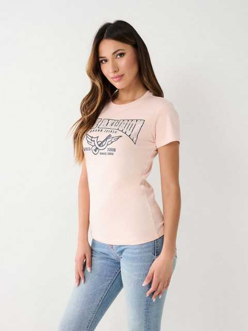 Camiseta True Religion Crystal Logo Mujer Rosas | Colombia-YAFKLDJ04