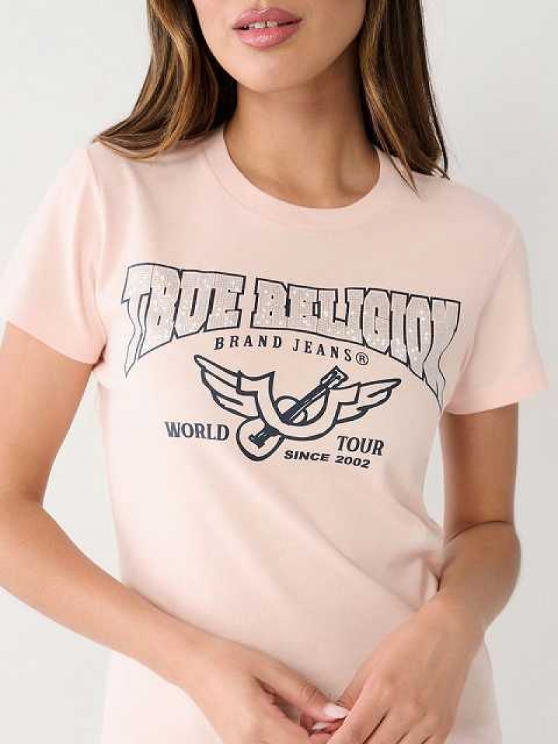 Camiseta True Religion Crystal Logo Mujer Rosas | Colombia-YAFKLDJ04