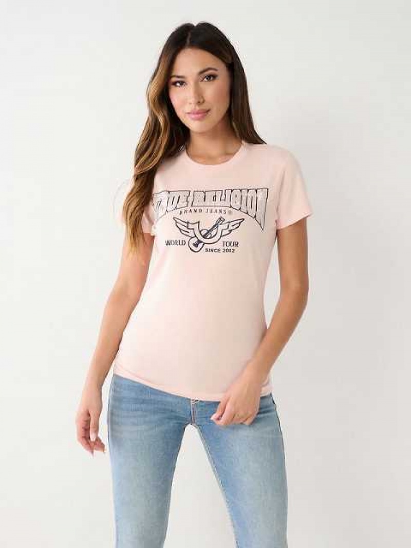 Camiseta True Religion Crystal Logo Mujer Rosas | Colombia-YAFKLDJ04