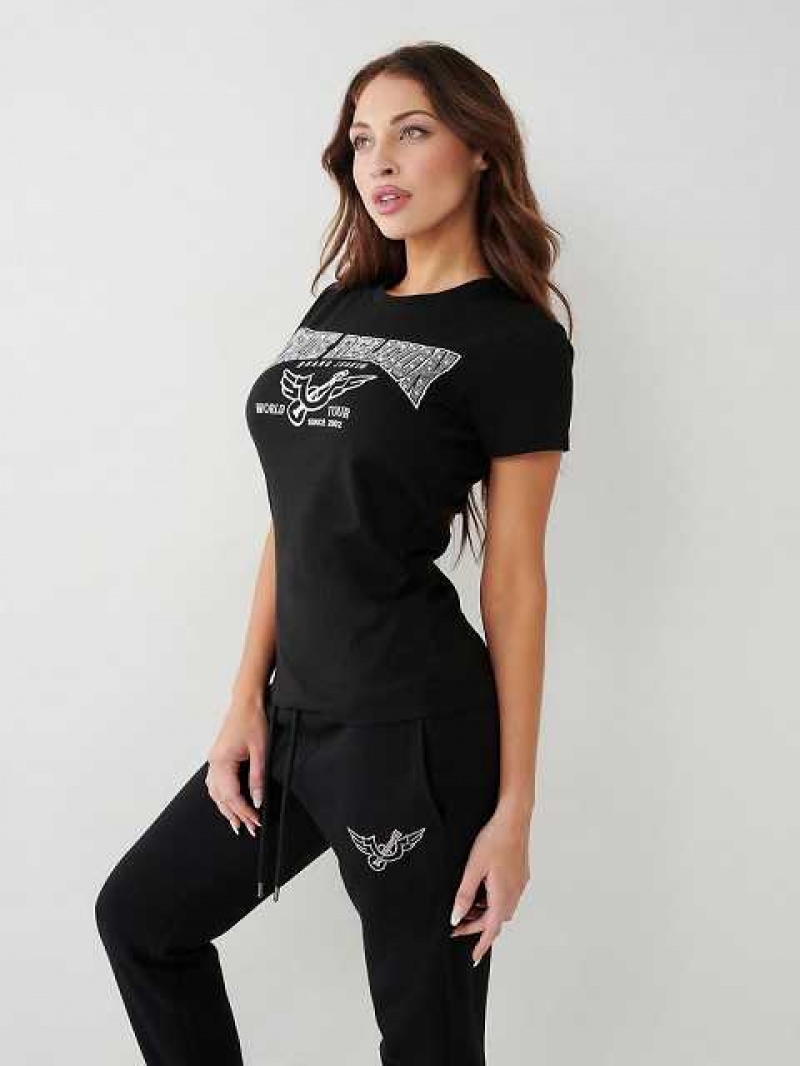 Camiseta True Religion Crystal Logo Mujer Negras | Colombia-CDISEQM59