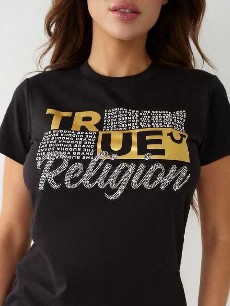 Camiseta True Religion Crystal Logo Mujer Negras | Colombia-WFSONBI63