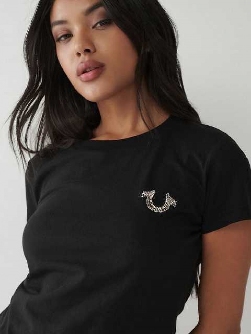 Camiseta True Religion Crystal Logo Mujer Negras | Colombia-JWARKMX02