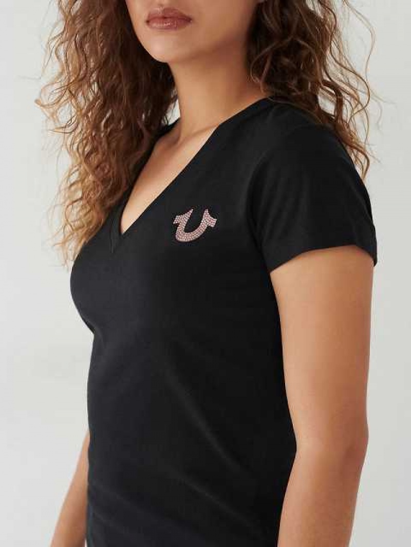 Camiseta True Religion Crystal Logo V Mujer Negras | Colombia-TXKYDVA64