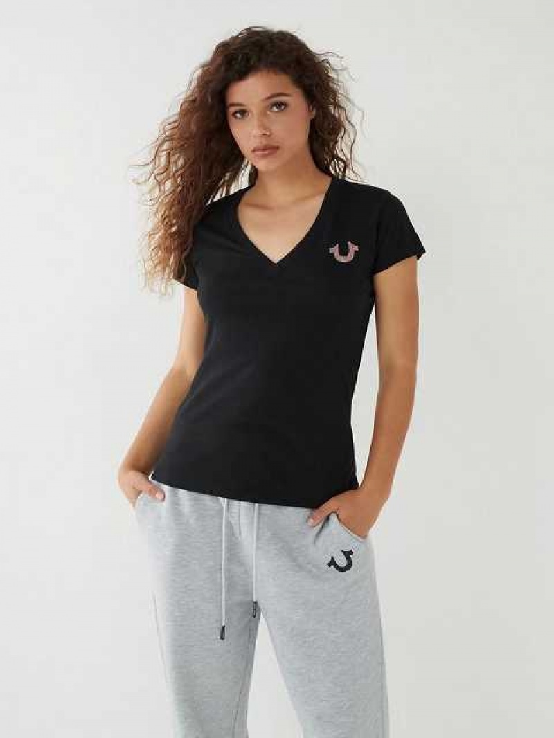 Camiseta True Religion Crystal Logo V Mujer Negras | Colombia-TXKYDVA64