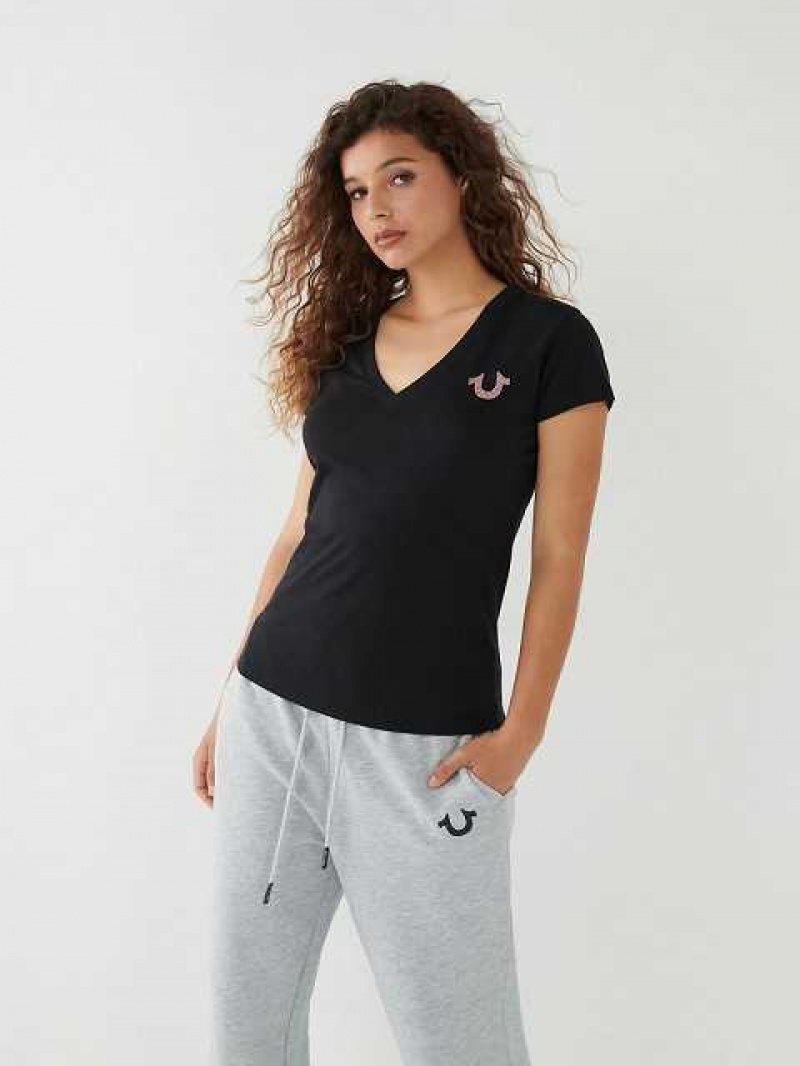 Camiseta True Religion Crystal Logo V Mujer Negras | Colombia-TXKYDVA64