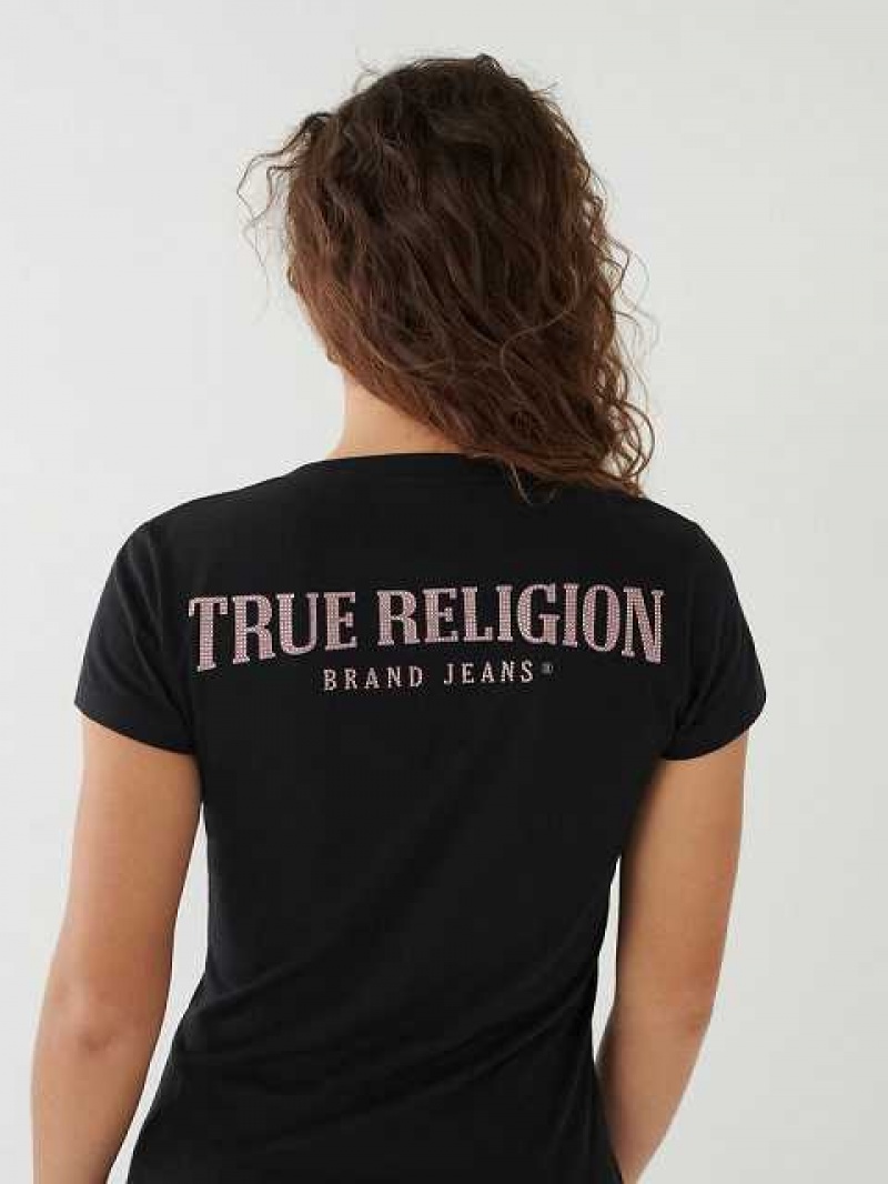 Camiseta True Religion Crystal Logo V Mujer Negras | Colombia-TXKYDVA64