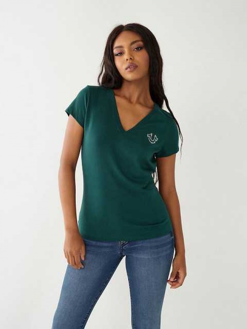 Camiseta True Religion Crystal Logo V Mujer Turquesa Verde | Colombia-FIQMRKV13