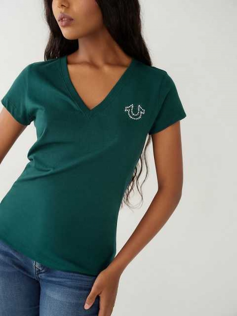 Camiseta True Religion Crystal Logo V Mujer Turquesa Verde | Colombia-FIQMRKV13