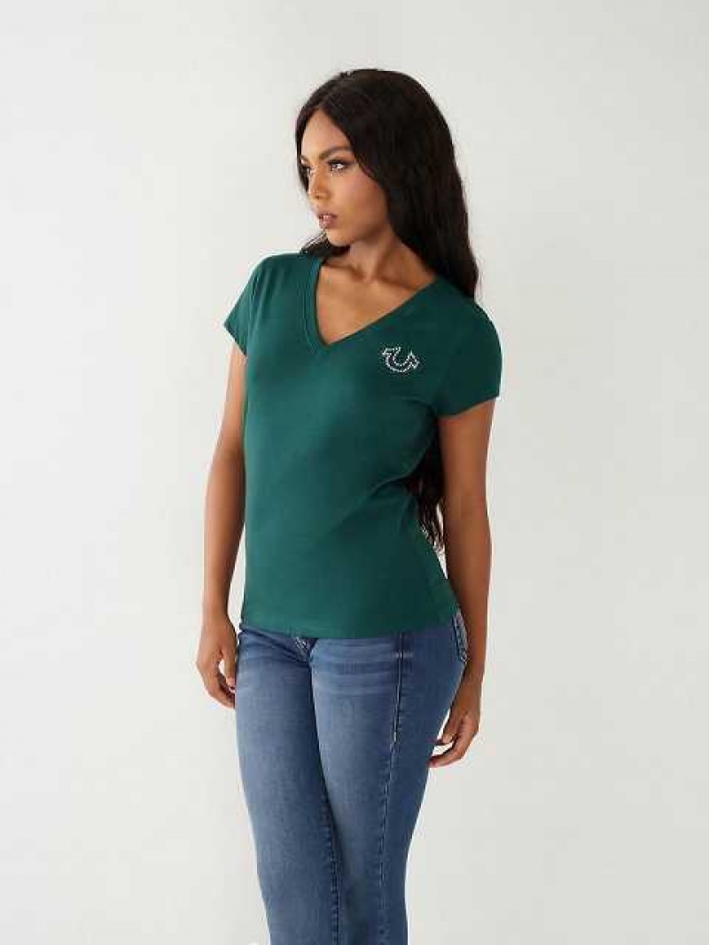 Camiseta True Religion Crystal Logo V Mujer Turquesa Verde | Colombia-FIQMRKV13