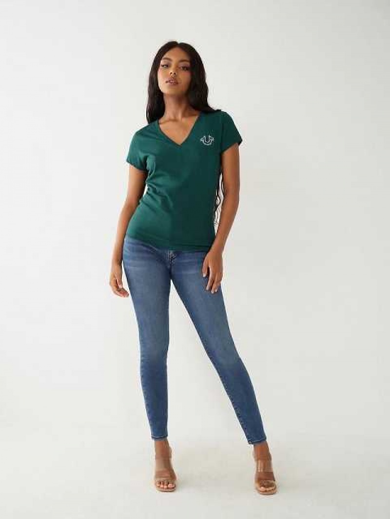 Camiseta True Religion Crystal Logo V Mujer Turquesa Verde | Colombia-FIQMRKV13