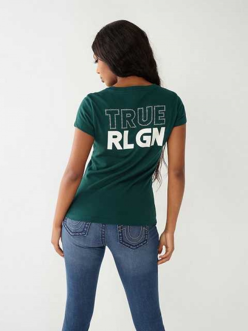 Camiseta True Religion Crystal Logo V Mujer Turquesa Verde | Colombia-FIQMRKV13