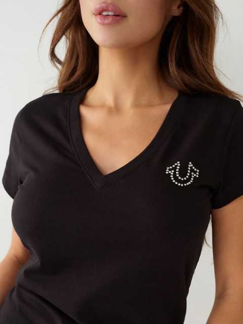 Camiseta True Religion Crystal Logo V Mujer Negras | Colombia-GFUHSDV91