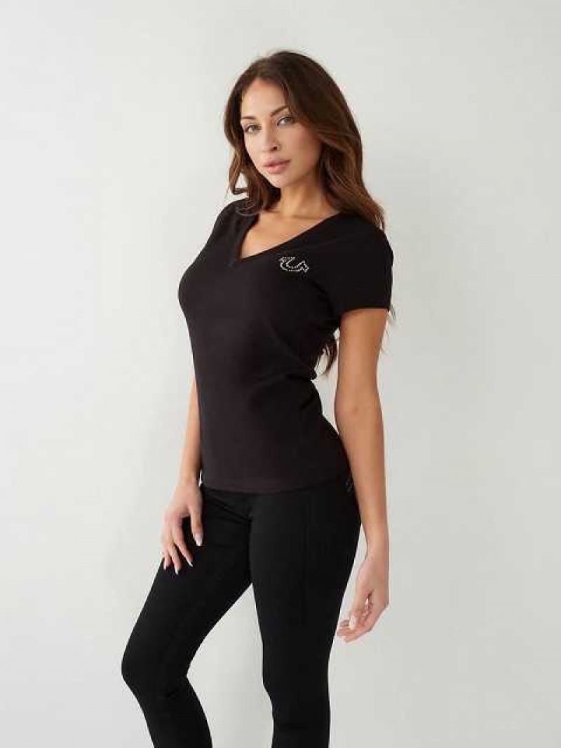 Camiseta True Religion Crystal Logo V Mujer Negras | Colombia-GFUHSDV91