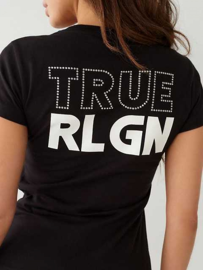 Camiseta True Religion Crystal Logo V Mujer Negras | Colombia-GFUHSDV91