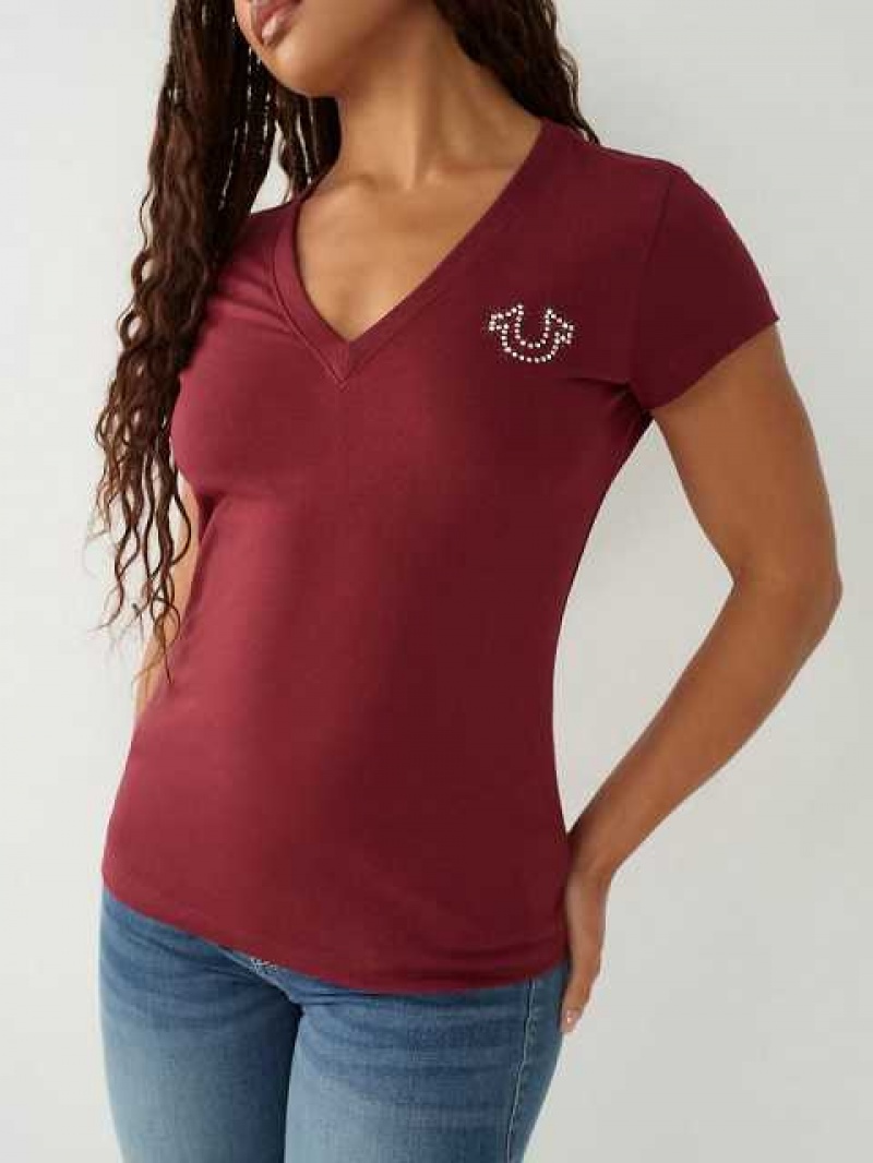 Camiseta True Religion Crystal Logo V Mujer Burdeos | Colombia-XMPBZVJ68