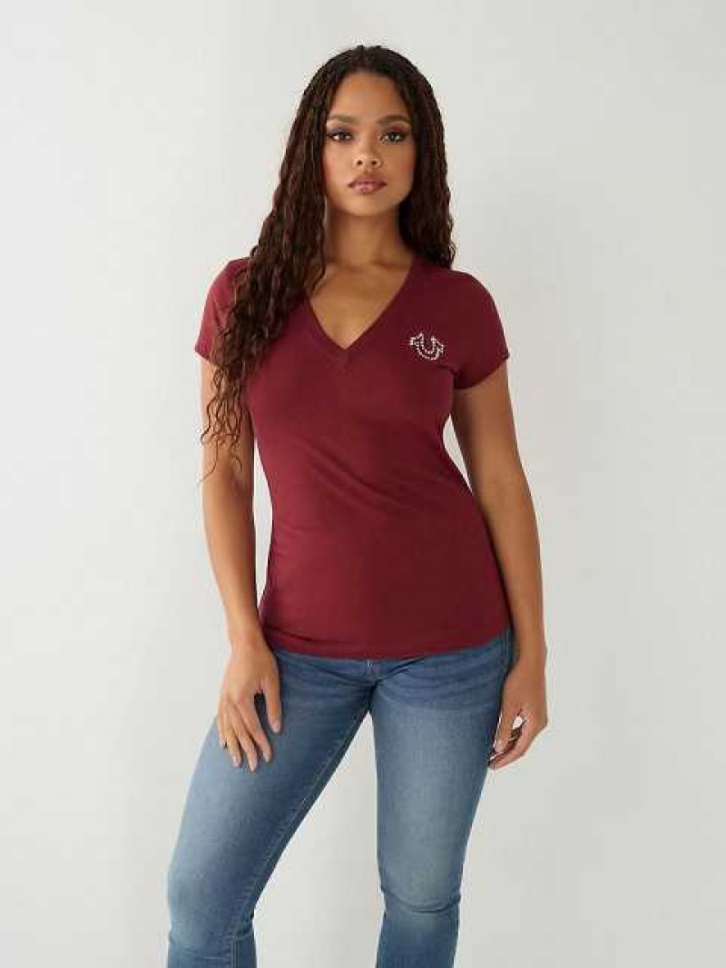 Camiseta True Religion Crystal Logo V Mujer Burdeos | Colombia-XMPBZVJ68