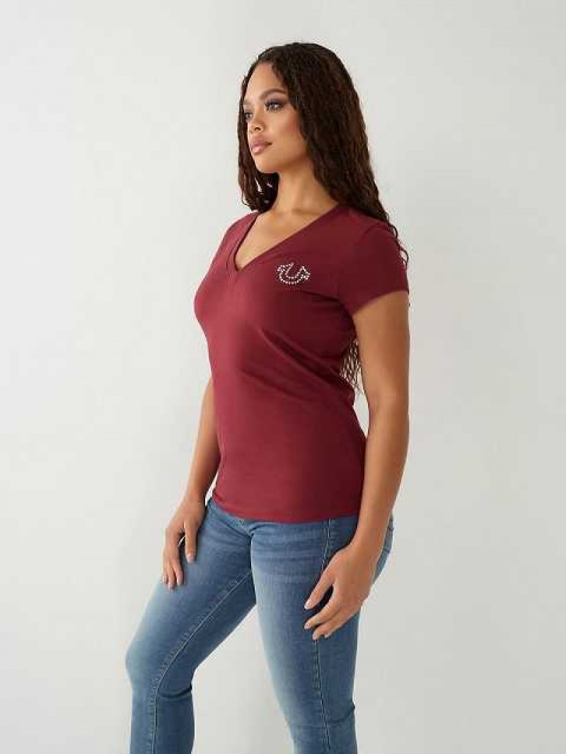 Camiseta True Religion Crystal Logo V Mujer Burdeos | Colombia-XMPBZVJ68