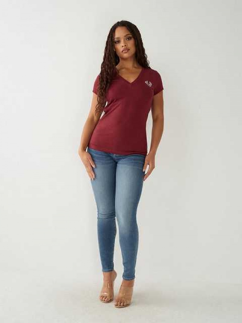 Camiseta True Religion Crystal Logo V Mujer Burdeos | Colombia-XMPBZVJ68