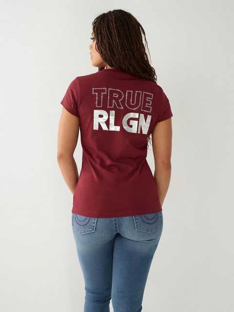 Camiseta True Religion Crystal Logo V Mujer Burdeos | Colombia-XMPBZVJ68