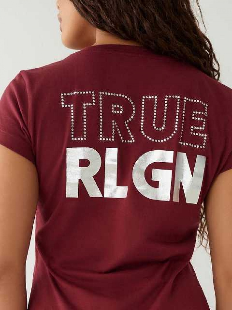 Camiseta True Religion Crystal Logo V Mujer Burdeos | Colombia-XMPBZVJ68