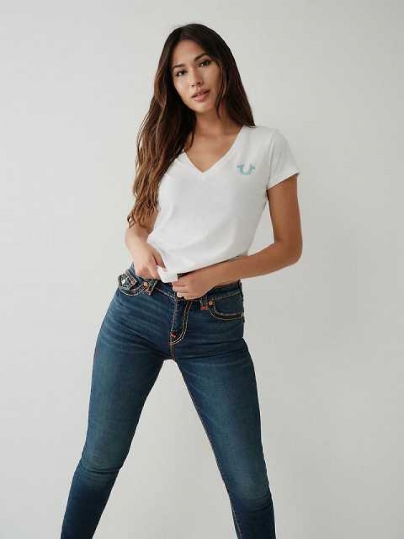 Camiseta True Religion Crystal Logo V Mujer Blancas | Colombia-ESUJYZW27