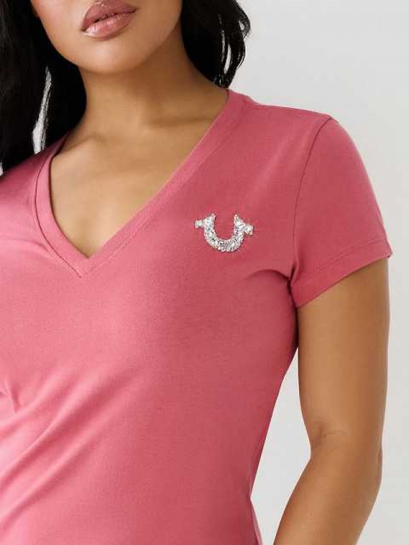 Camiseta True Religion Crystal V Neck Logo Mujer Rosas | Colombia-NDKBTFA31