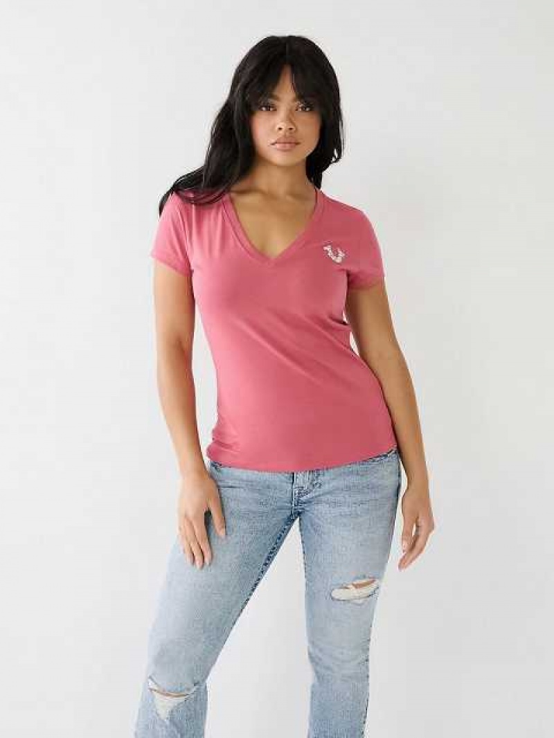 Camiseta True Religion Crystal V Neck Logo Mujer Rosas | Colombia-NDKBTFA31