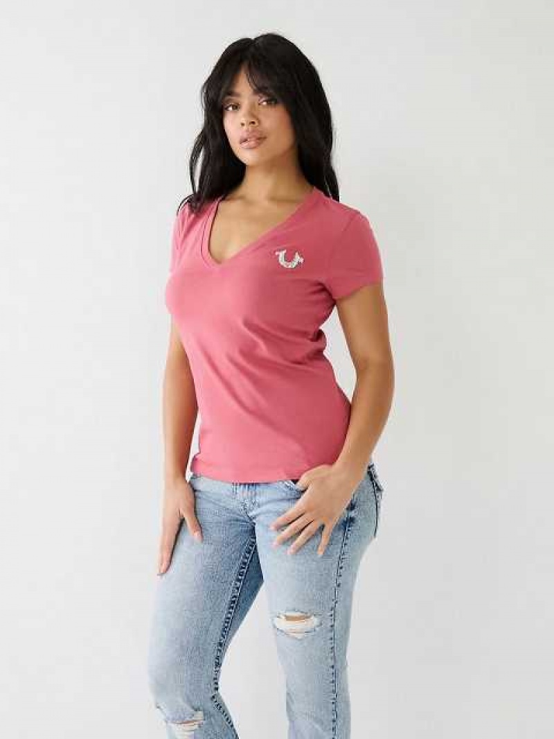 Camiseta True Religion Crystal V Neck Logo Mujer Rosas | Colombia-NDKBTFA31