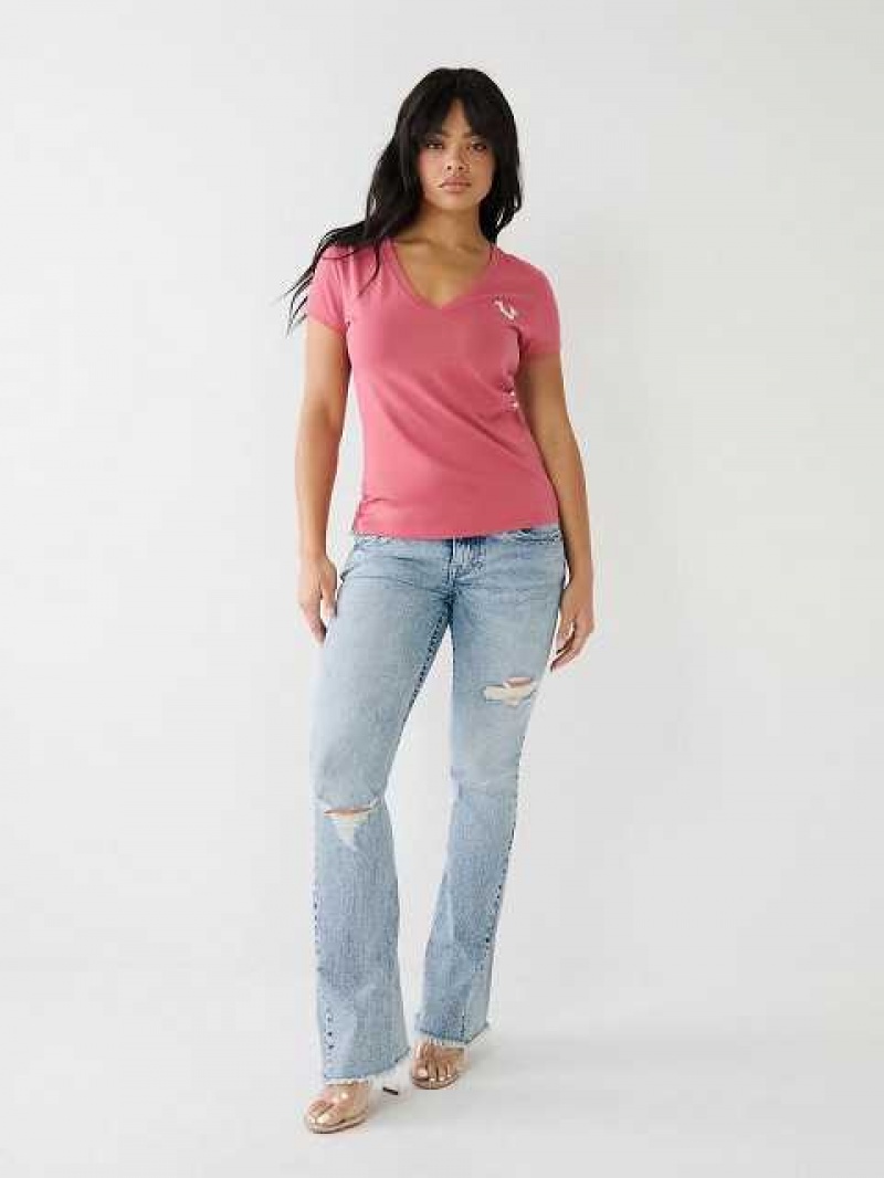 Camiseta True Religion Crystal V Neck Logo Mujer Rosas | Colombia-NDKBTFA31