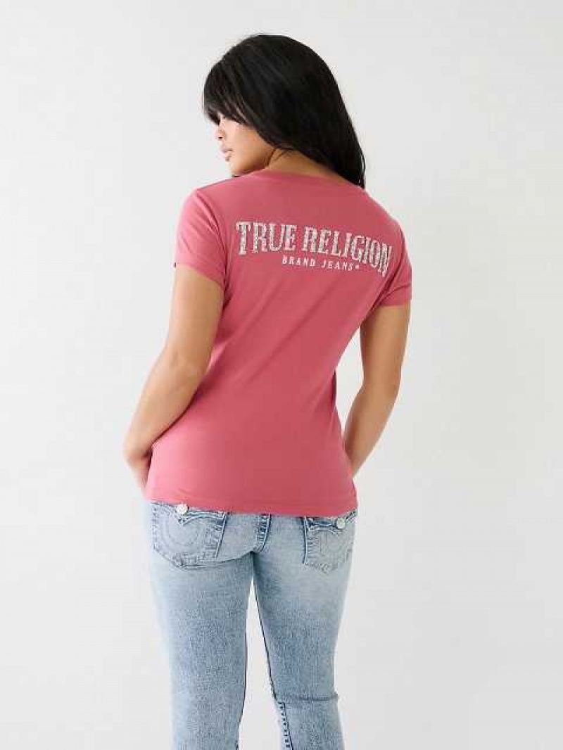 Camiseta True Religion Crystal V Neck Logo Mujer Rosas | Colombia-NDKBTFA31