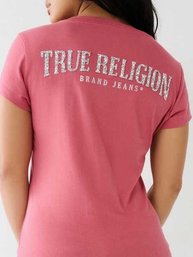 Camiseta True Religion Crystal V Neck Logo Mujer Rosas | Colombia-NDKBTFA31