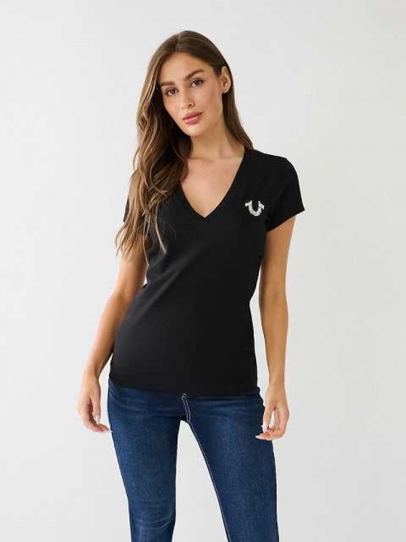 Camiseta True Religion Crystal V Neck Logo Mujer Negras | Colombia-WICAEYQ82