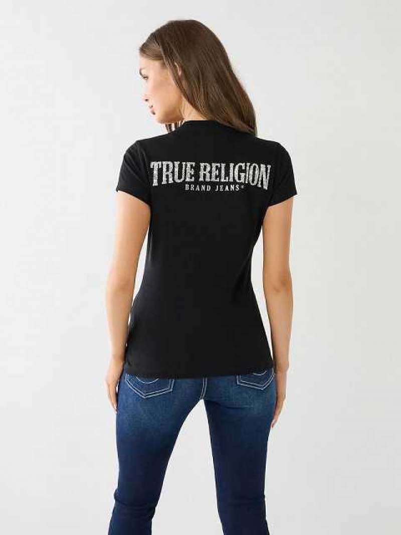 Camiseta True Religion Crystal V Neck Logo Mujer Negras | Colombia-WICAEYQ82