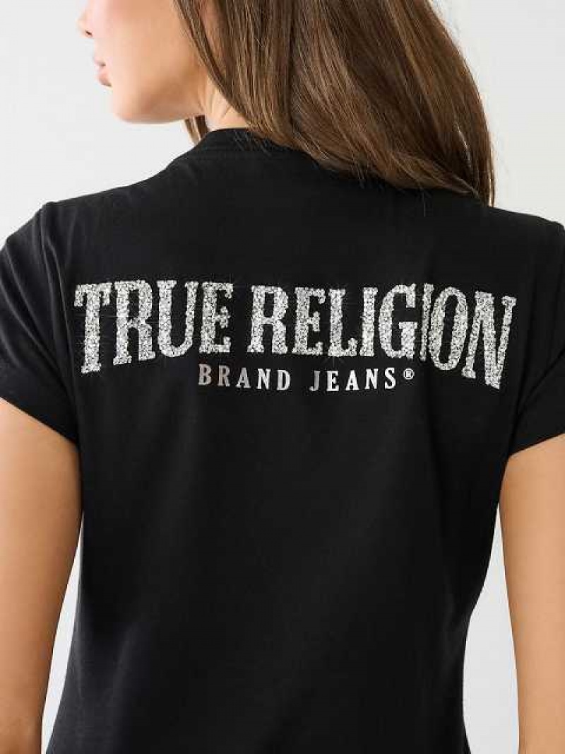 Camiseta True Religion Crystal V Neck Logo Mujer Negras | Colombia-WICAEYQ82