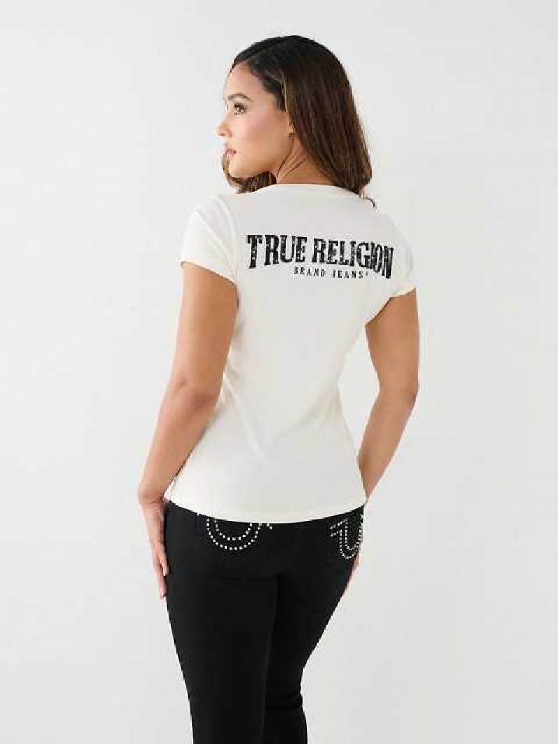 Camiseta True Religion Crystal V Neck Logo Mujer Blancas | Colombia-AHYUZRO02