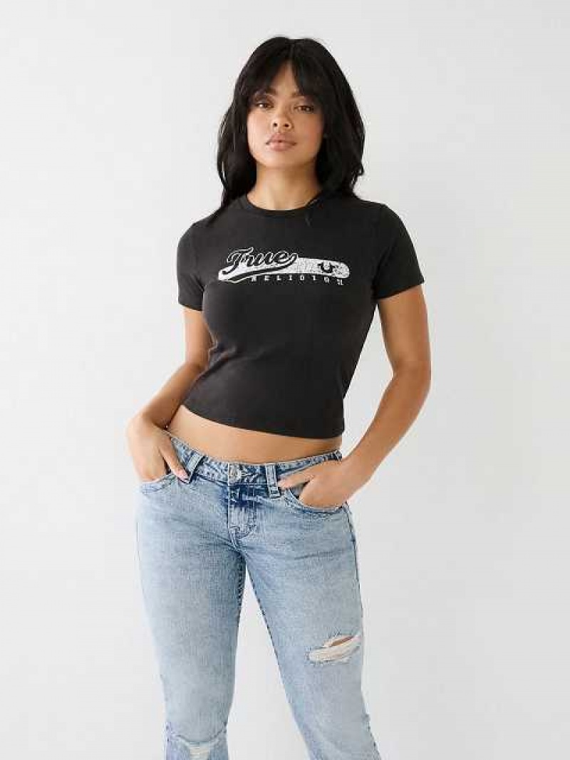 Camiseta True Religion Faded Logo Baby Mujer Negras | Colombia-MOGNRLW03