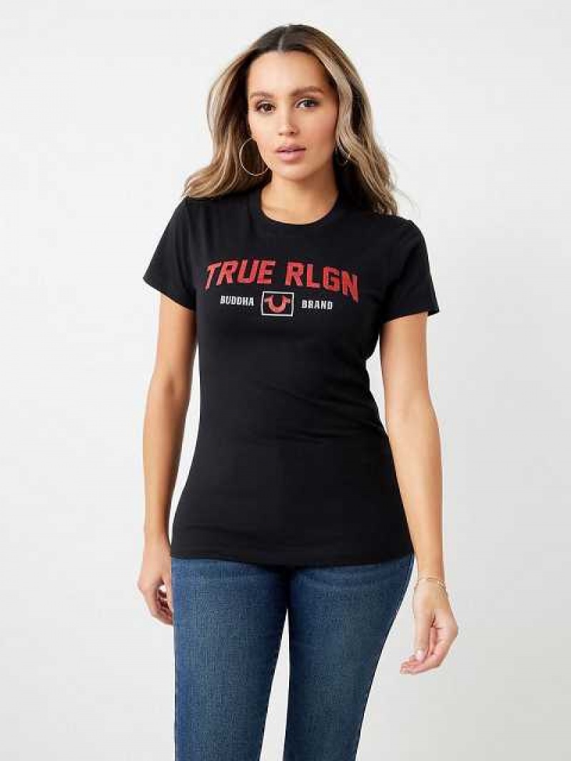 Camiseta True Religion Glitter True Rlgn Buddha Logo Mujer Negras | Colombia-VLCNKRJ40