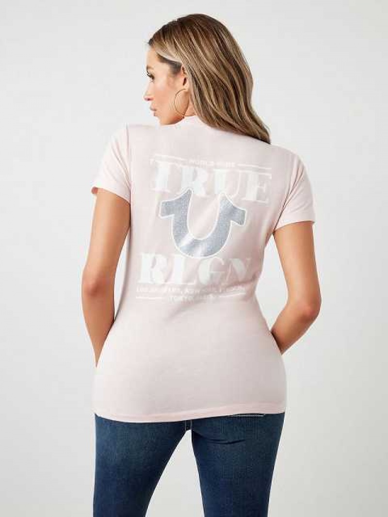 Camiseta True Religion Glitter World Anchos Logo Mujer Rosas | Colombia-TARSYOP69