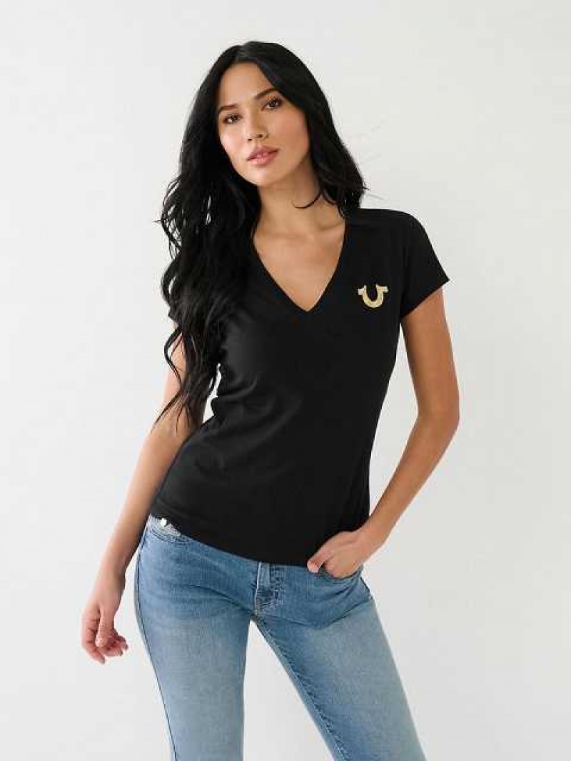 Camiseta True Religion Horseshoe Logo V Mujer Negras | Colombia-OPDMTJF94