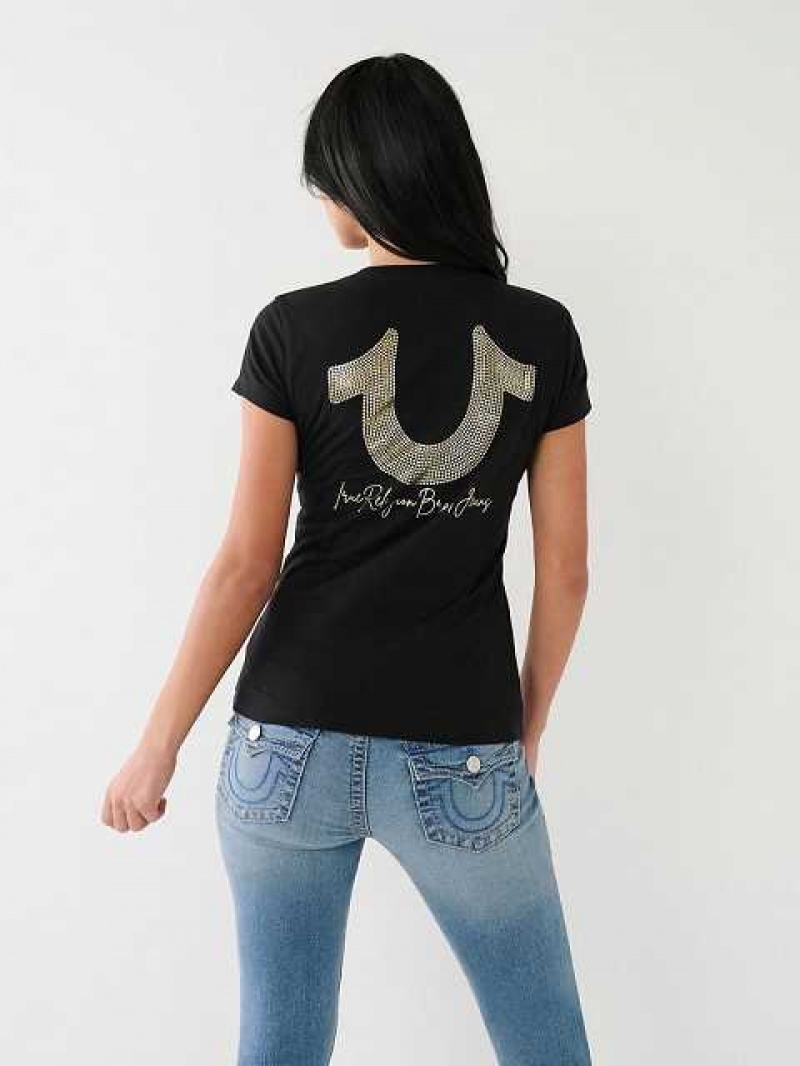 Camiseta True Religion Horseshoe Logo V Mujer Negras | Colombia-OPDMTJF94