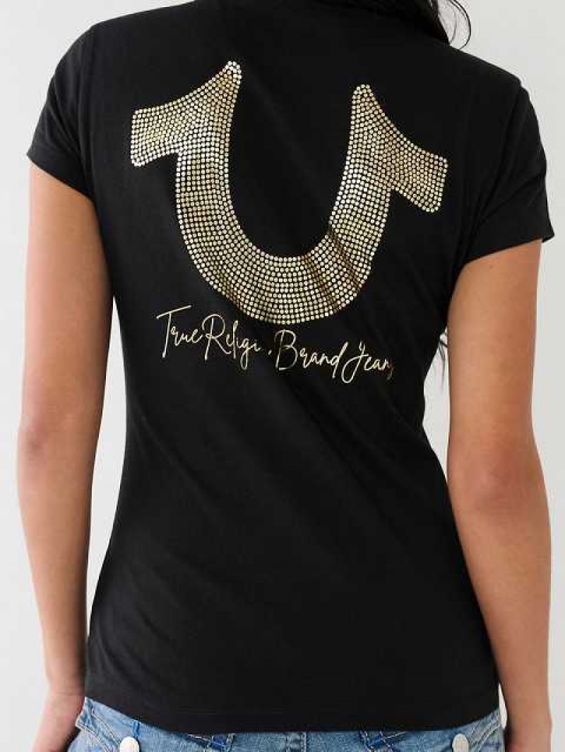 Camiseta True Religion Horseshoe Logo V Mujer Negras | Colombia-OPDMTJF94