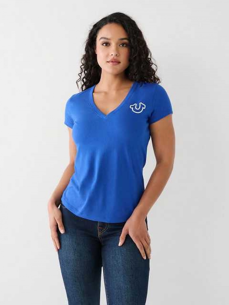 Camiseta True Religion Horseshoe Logo V Mujer Azules | Colombia-JHSNQDL91