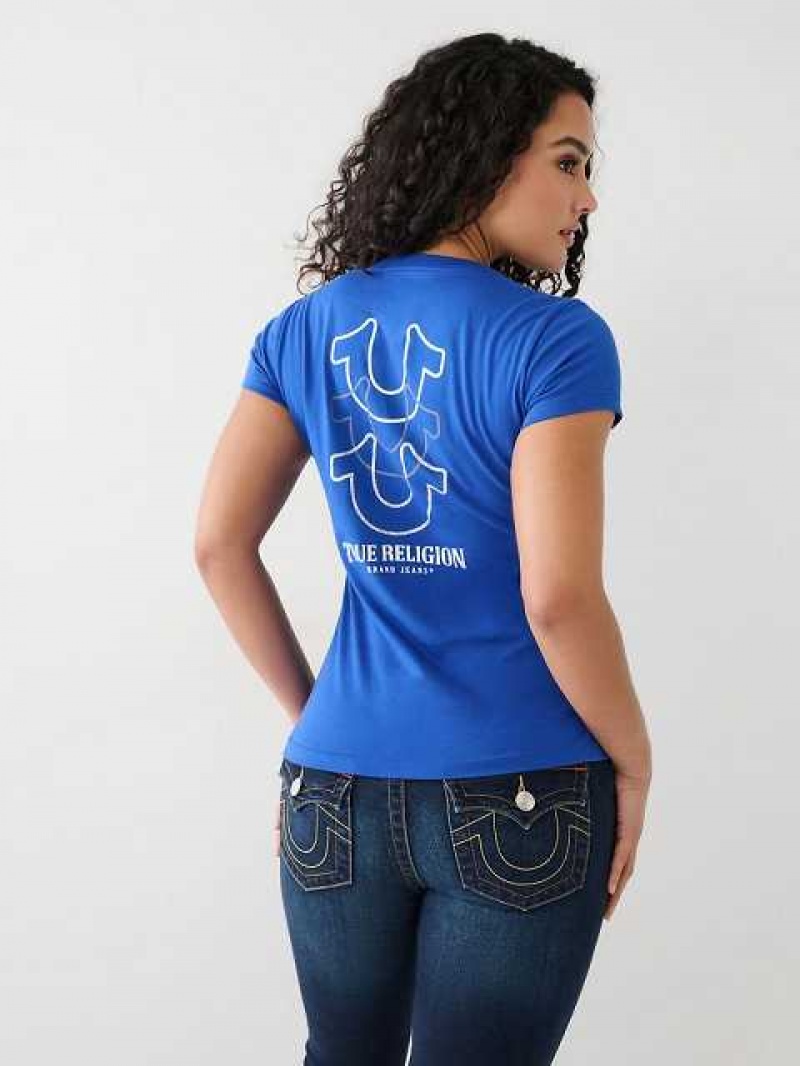 Camiseta True Religion Horseshoe Logo V Mujer Azules | Colombia-JHSNQDL91