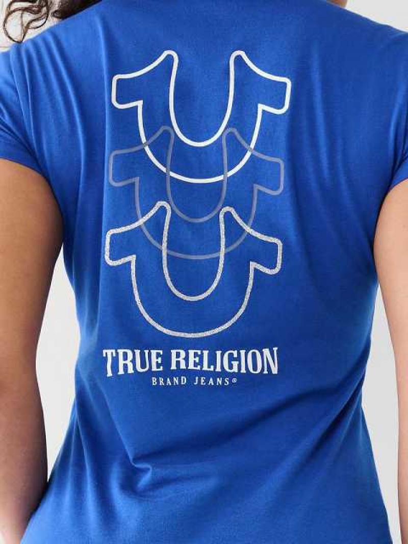 Camiseta True Religion Horseshoe Logo V Mujer Azules | Colombia-JHSNQDL91