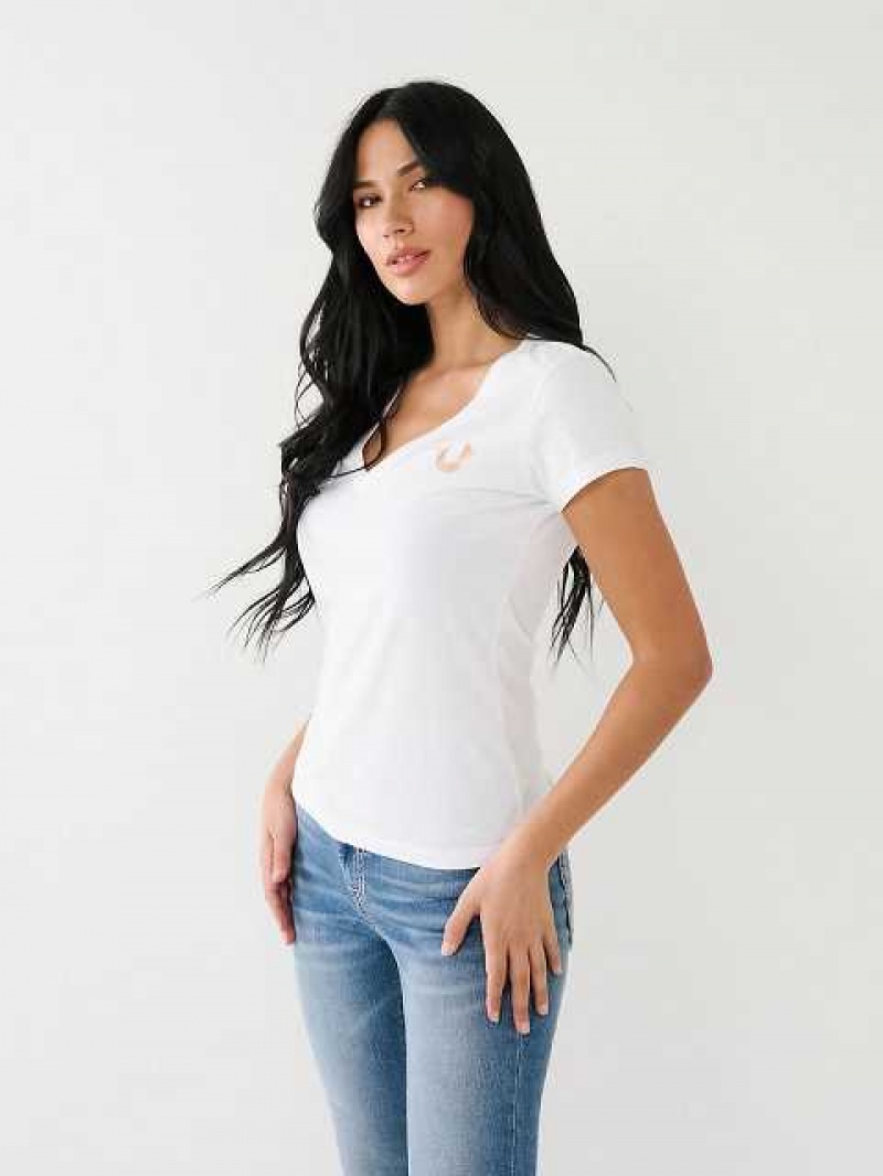 Camiseta True Religion Horseshoe Logo V Mujer Blancas | Colombia-VEUPJHO38