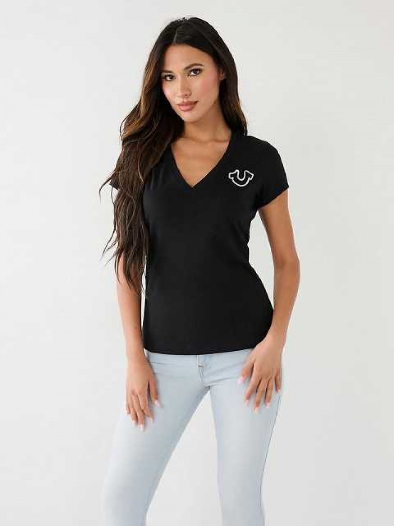 Camiseta True Religion Horseshoe Logo V Mujer Negras | Colombia-ESWXPLC73