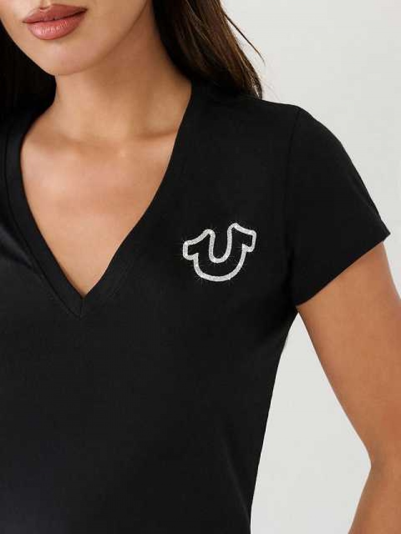 Camiseta True Religion Horseshoe Logo V Mujer Negras | Colombia-ESWXPLC73