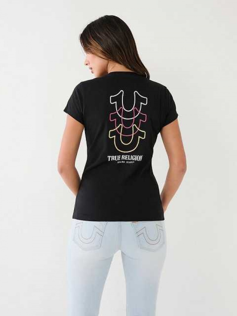 Camiseta True Religion Horseshoe Logo V Mujer Negras | Colombia-ESWXPLC73