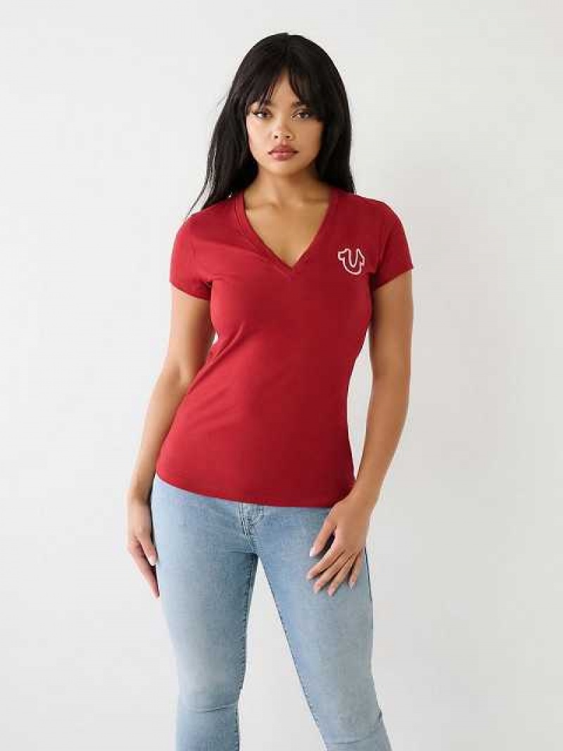 Camiseta True Religion Horseshoe Logo V Mujer Rojas | Colombia-UIJSQZM69