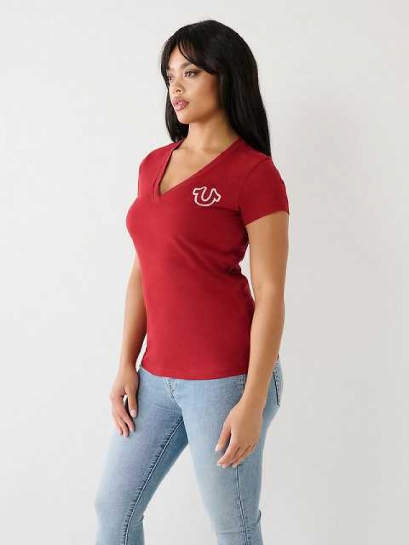 Camiseta True Religion Horseshoe Logo V Mujer Rojas | Colombia-UIJSQZM69